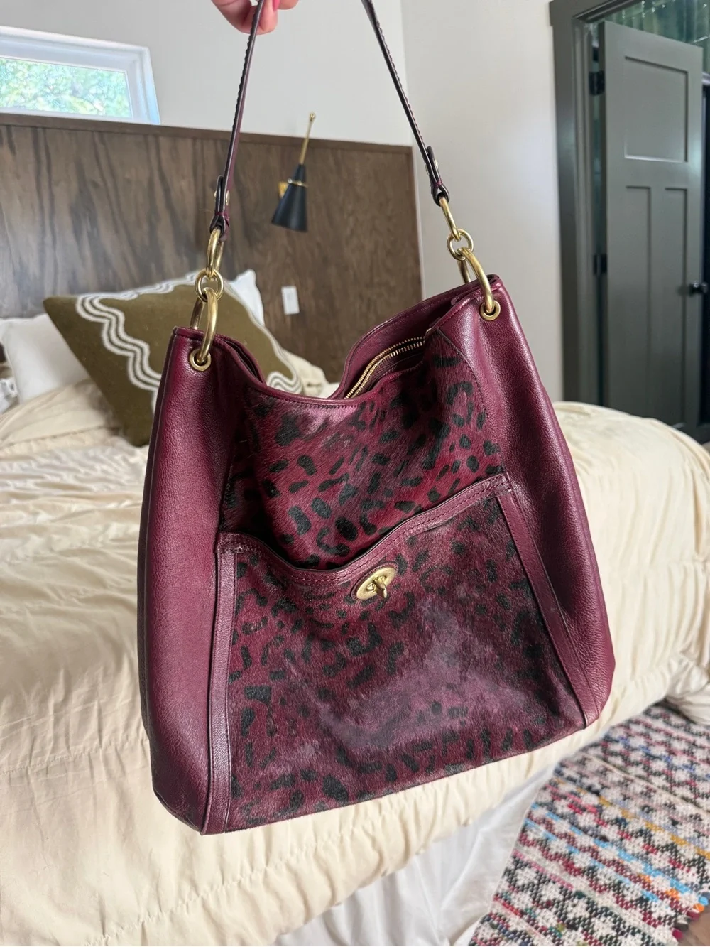 Coach Maroon Leopard-Accent Leather Hobo Bag
